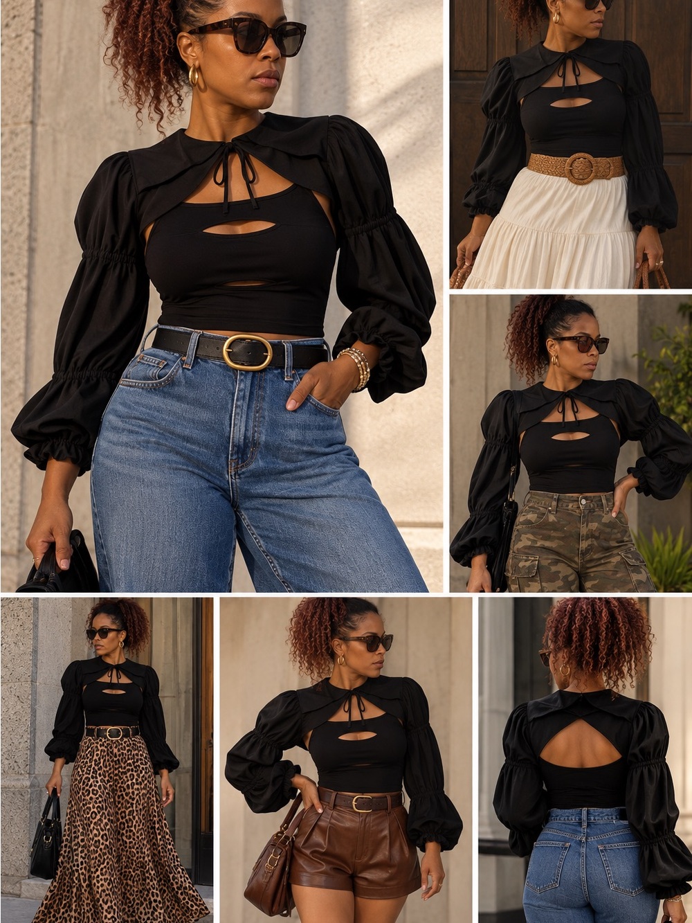 Black Women's Puff-Sleeve Shrug & Cutout Tank Top – Stylish Tie-Neck